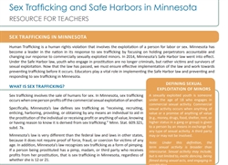 [ai] An informational flyer titled "Sex Trafficking and Safe Harbors in Minnesota, Resource for Teachers". It includes sections defining sex trafficking and discussing Minnesota laws on sexual exploitation, with details about Safe Harbor provisions.